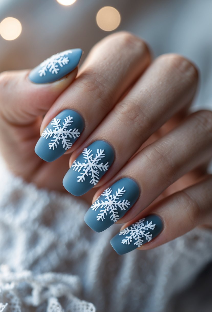 Close-up of a hand with 18 nails painted matte blue and decorated with white snowflake patterns.
