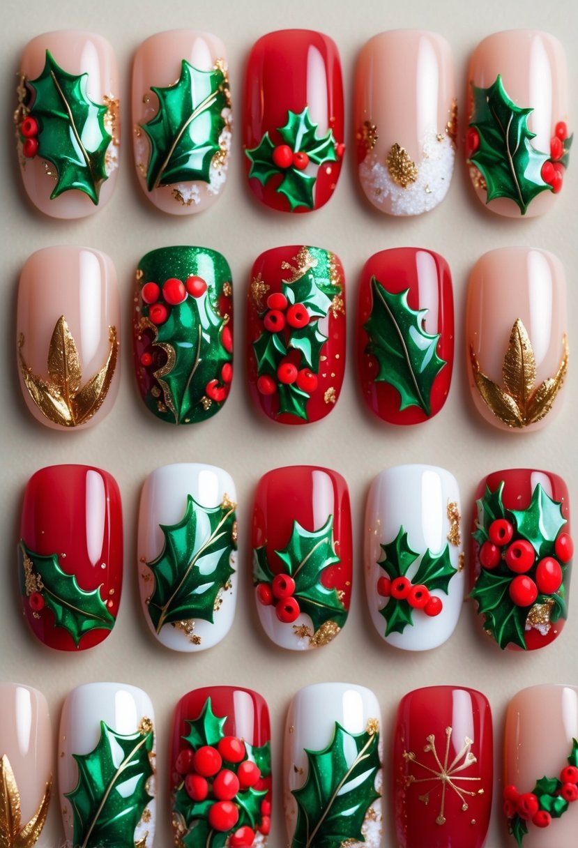 Close-up of eighteen fingernails decorated with detailed holly leaves and red berries in a festive Christmas design.