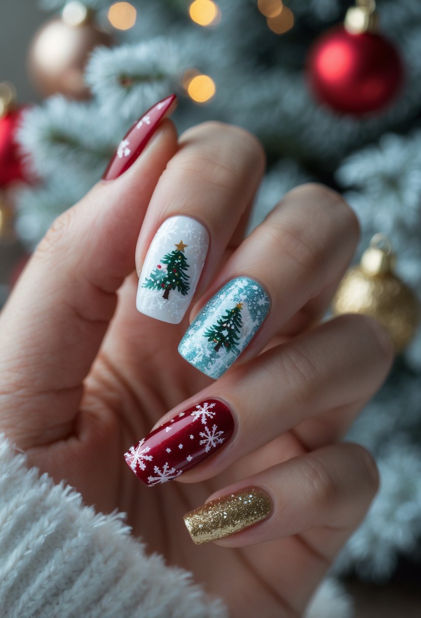 A hand with Christmas-themed nail art featuring snowflakes and pine trees on the accent nail.