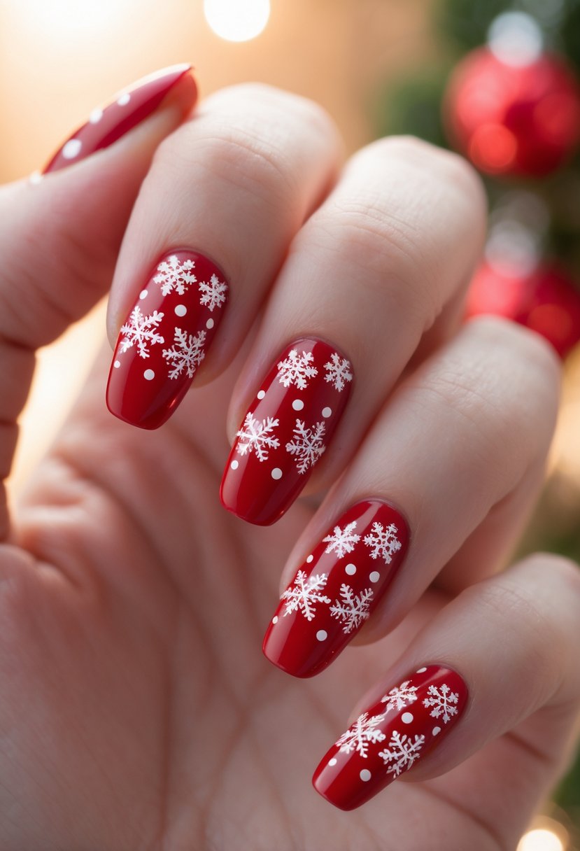 Close-up of a hand with red nails decorated with white polka dots resembling snow.