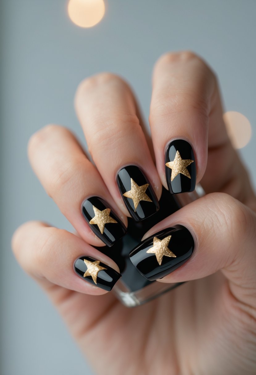 Close-up of a hand with black nails featuring gold star decorations.