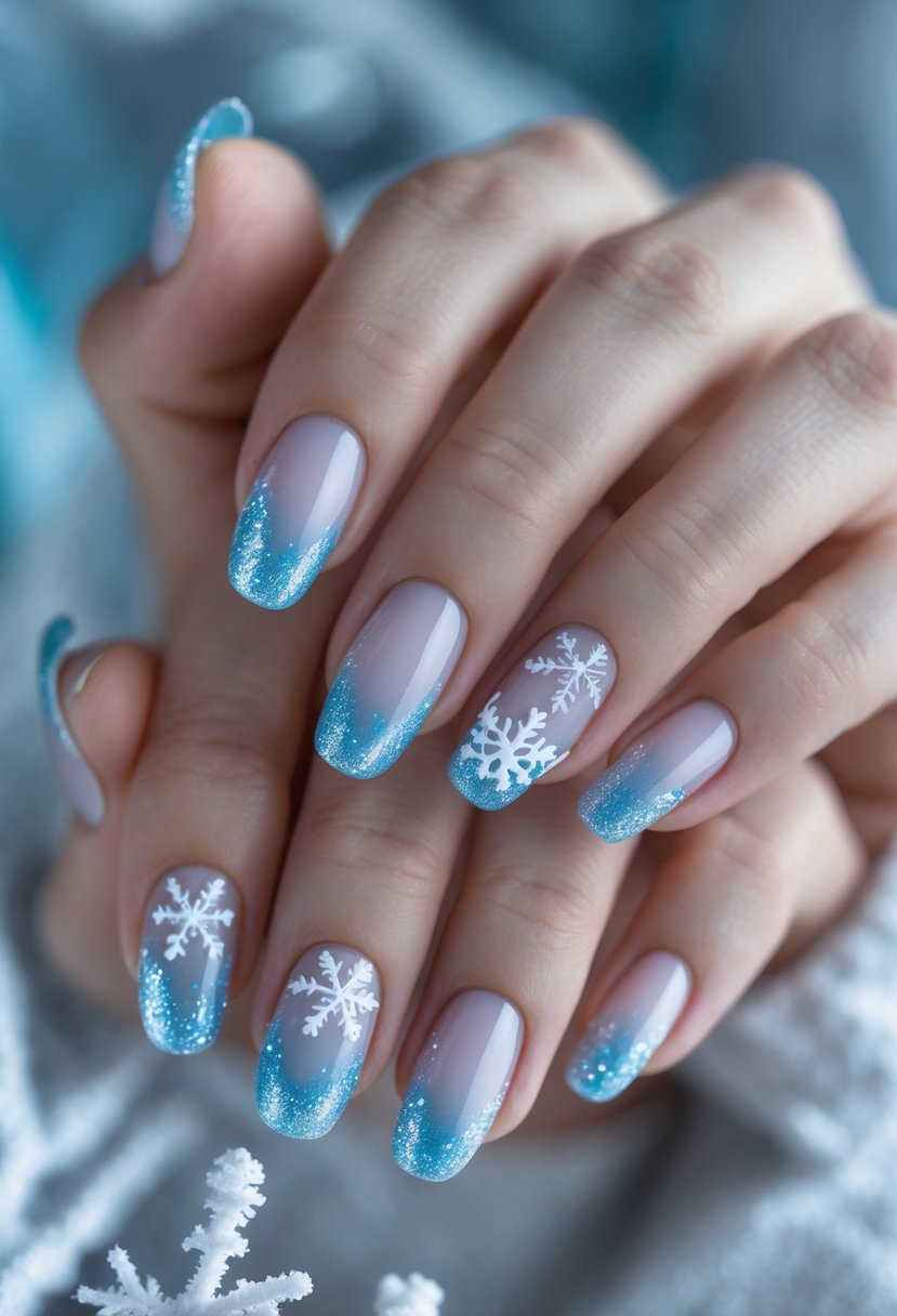 Close-up of hands with frosted tips and icy blue polished nails decorated for Christmas.