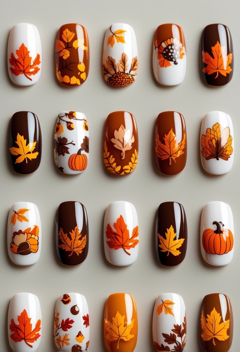 Eighteen fingernails with detailed Thanksgiving-themed nail art featuring autumn leaves, pumpkins, and turkeys on a neutral background.