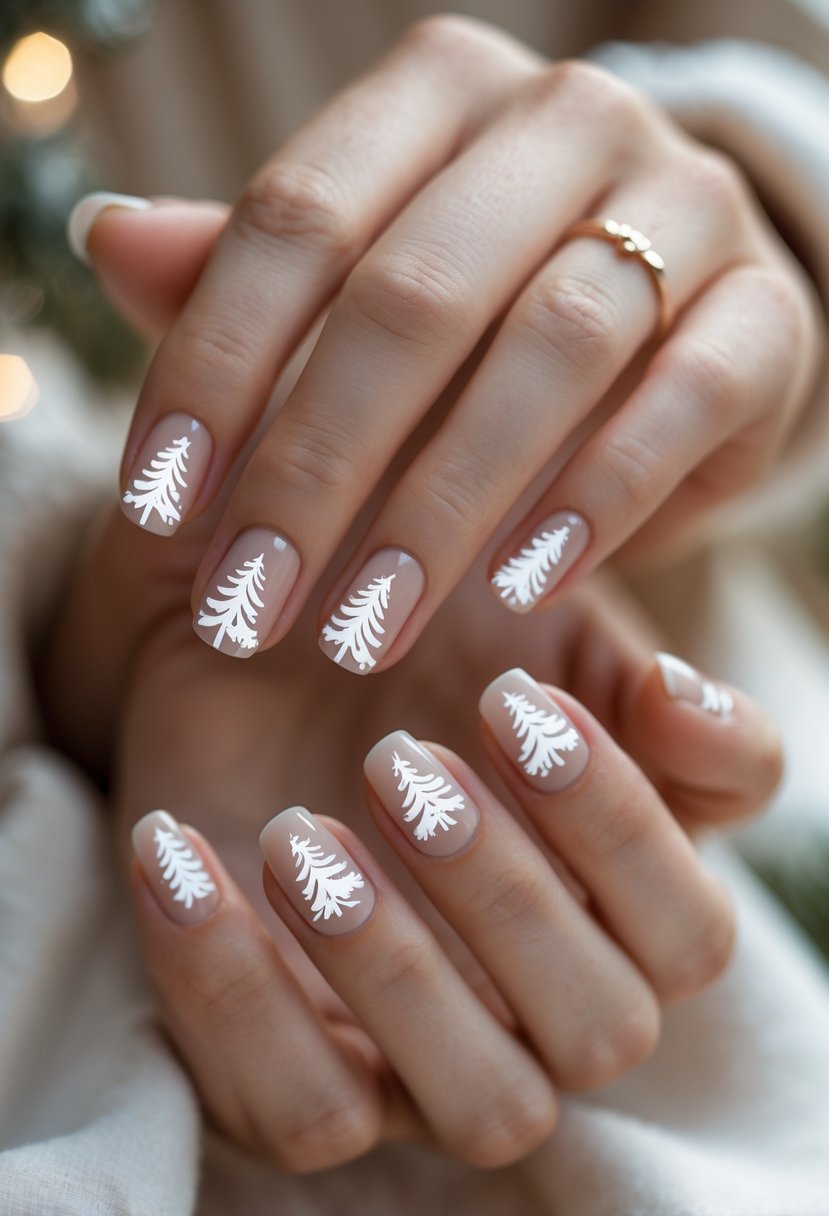 Close-up of hands with clear nails featuring delicate white pine tree designs.