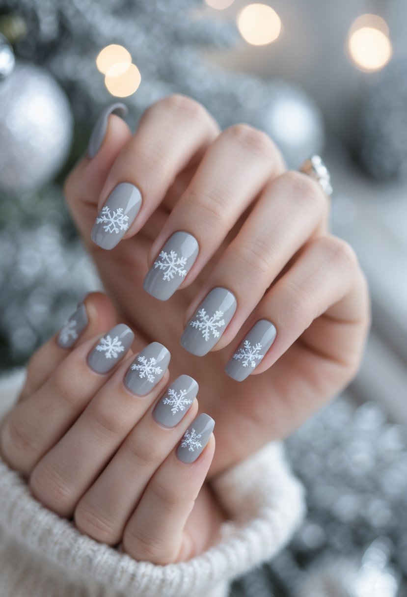 Close-up of hands with light grey nails decorated with small silver snowflakes.