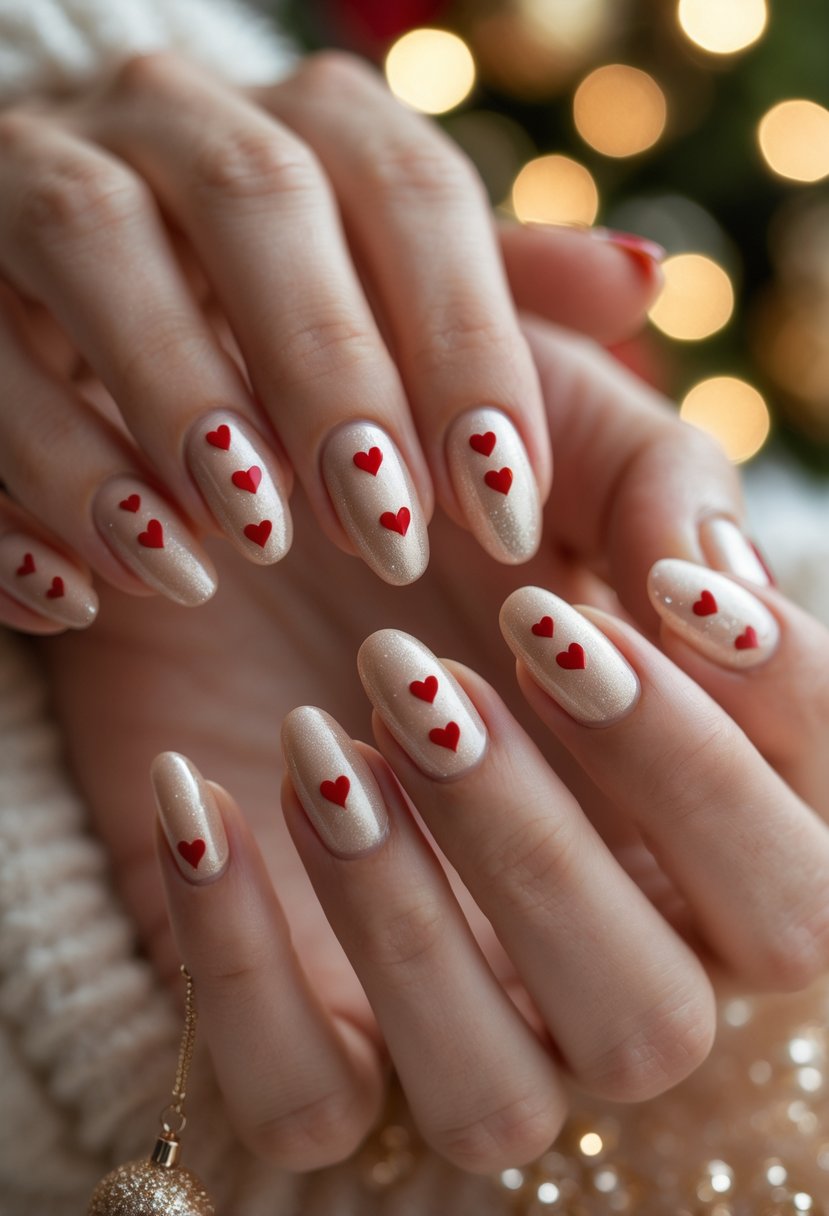 Close-up of hands with champagne shimmer nails decorated with small red hearts.