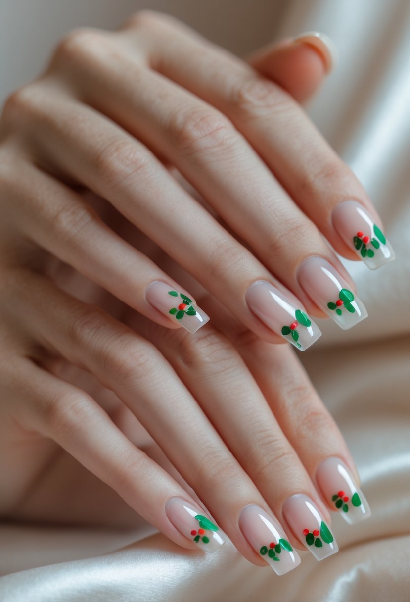 Close-up of hands with translucent nails decorated with small red and green dots on a neutral background.