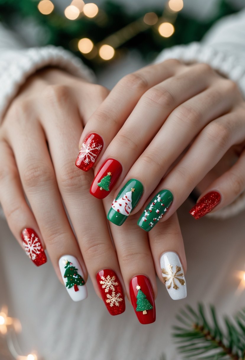 Close-up of two hands with 16 acrylic nails decorated with Christmas-themed designs in red, green, white, and gold.