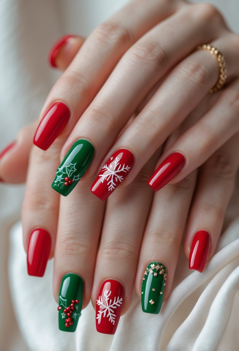 Close-up of hands with red and green Christmas-themed acrylic nails featuring festive designs.