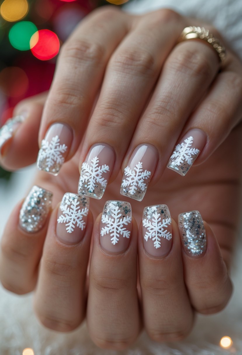 A hand with 16 acrylic nails decorated with glittery snowflake designs on a festive blurred background.