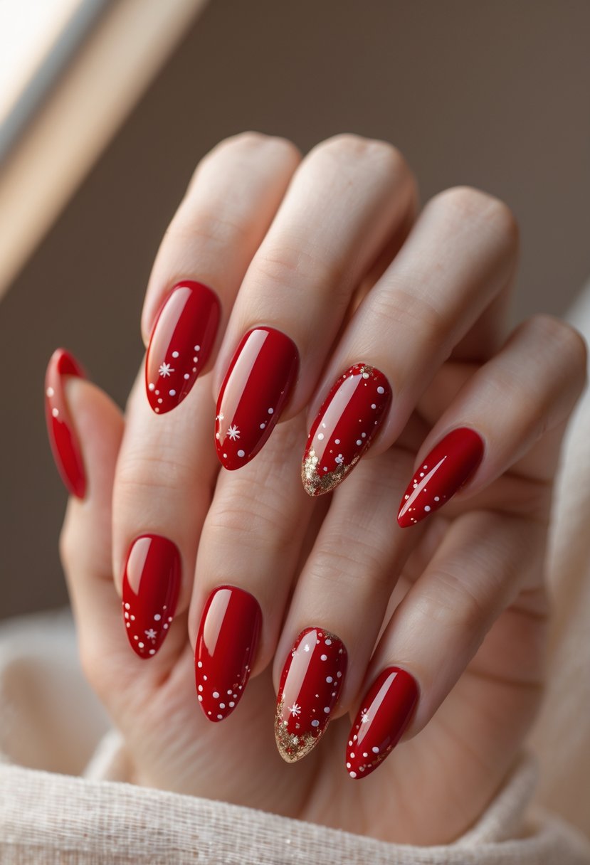 Close-up of a hand with almond-shaped red acrylic nails decorated with small festive accents.