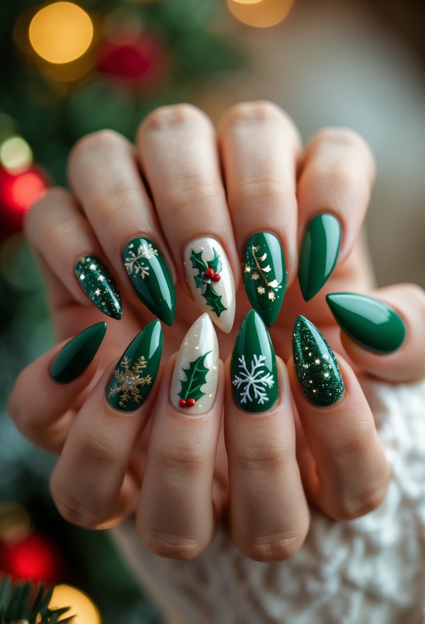 Close-up of a hand with long green stiletto nails decorated with Christmas-themed designs.