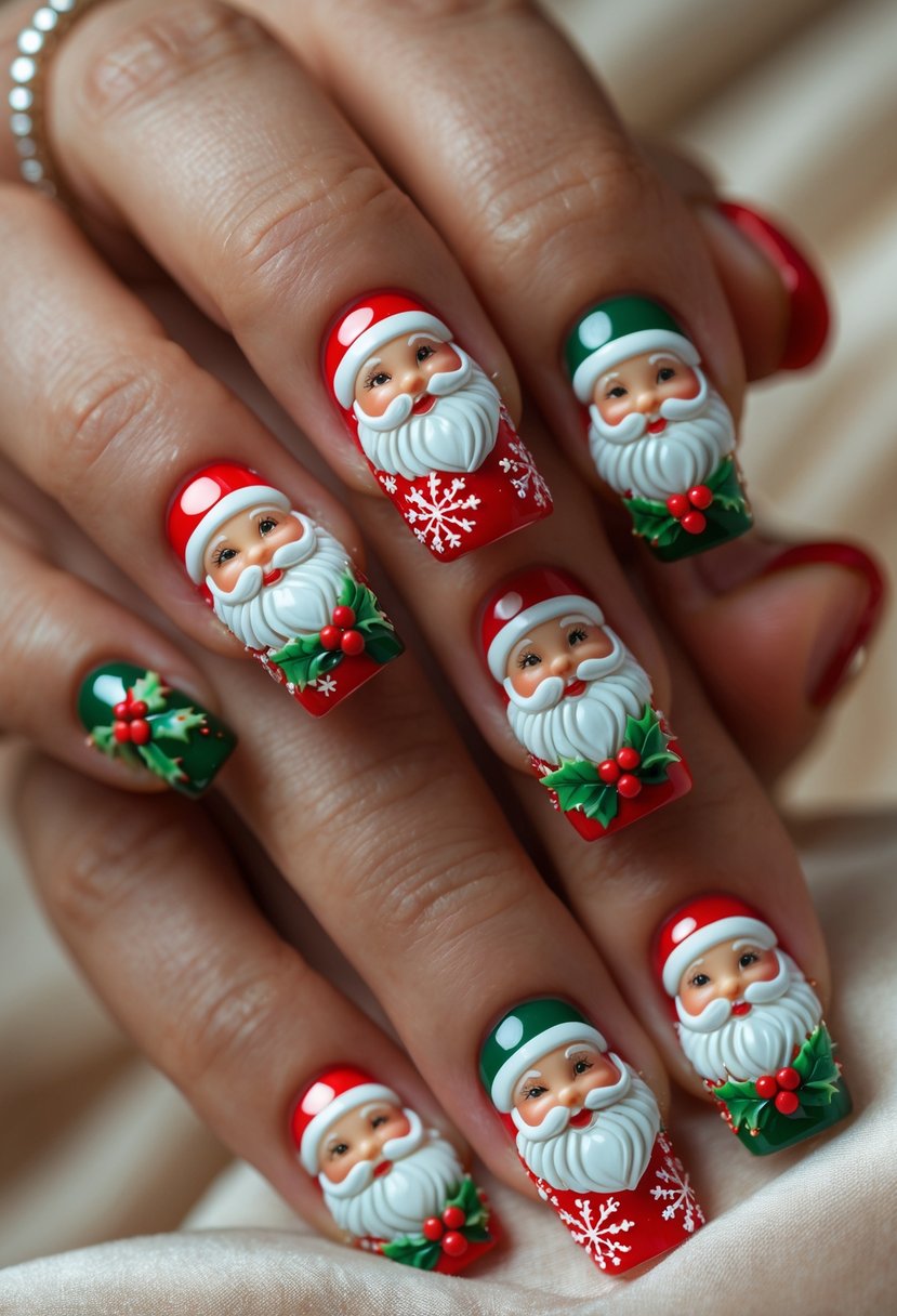 Close-up of a hand with sixteen acrylic nails decorated with Santa Claus faces and Christmas designs.