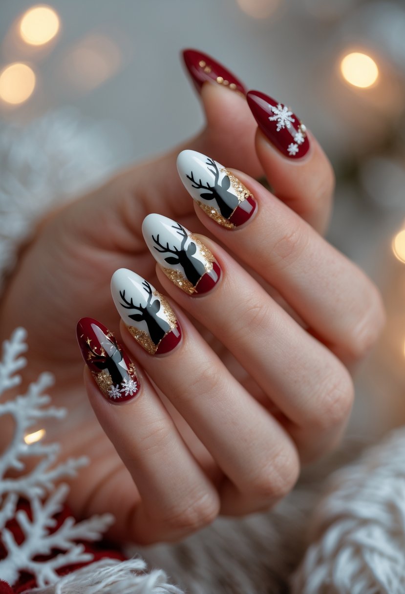 Close-up of a hand with 16 acrylic Christmas-themed nails featuring reindeer silhouettes and festive designs.