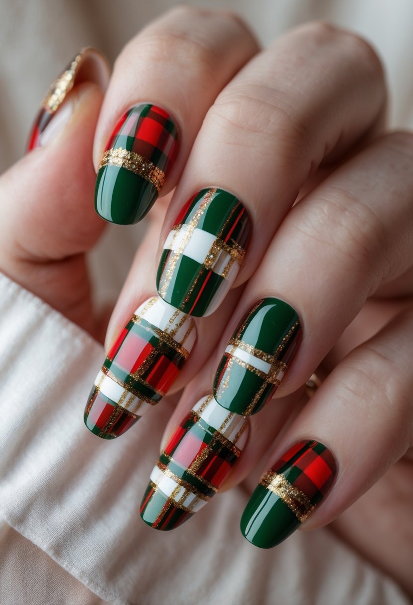 Close-up of a hand with acrylic nails featuring a red and green plaid Christmas design.
