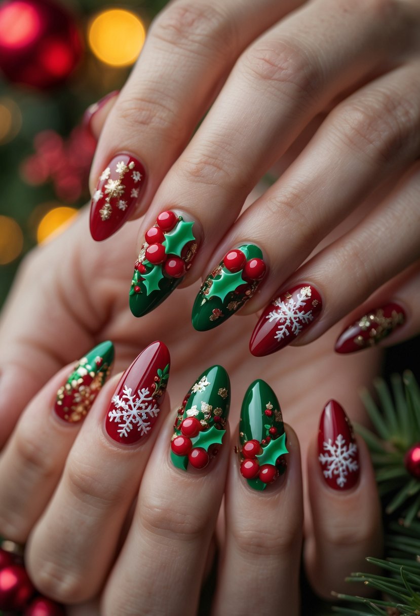 Close-up of hands with 16 acrylic nails decorated with holly berries and festive Christmas designs.