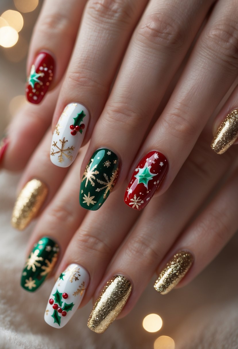 Close-up of hands with 16 acrylic Christmas-themed nails decorated with gold foil and festive designs.