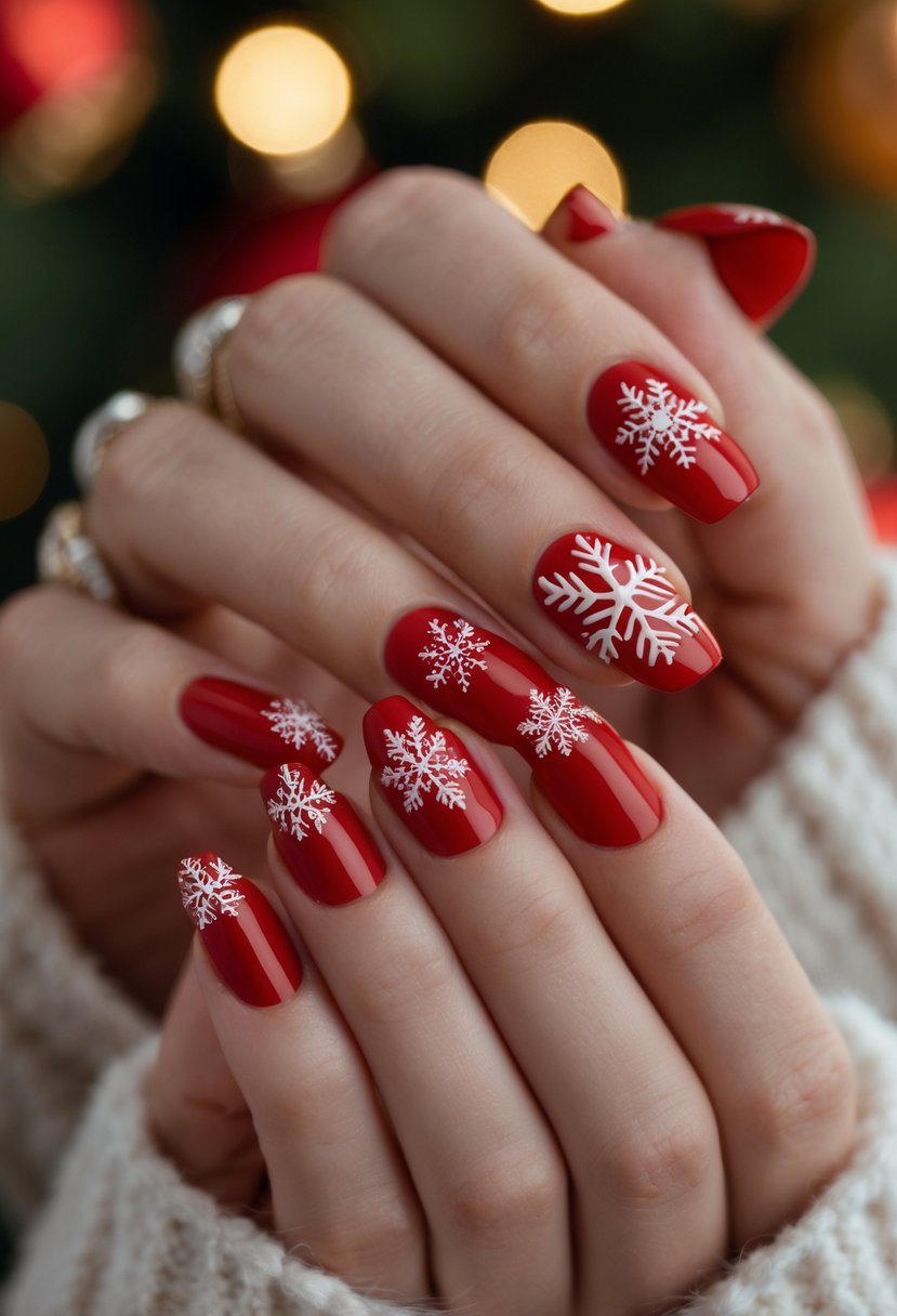 Close-up of hands with red nails decorated with white snowflakes in a Christmas setting.