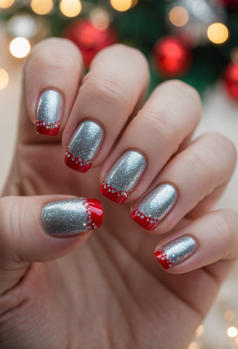 Close-up of a hand with sparkly silver nails and red tips, decorated for Christmas.