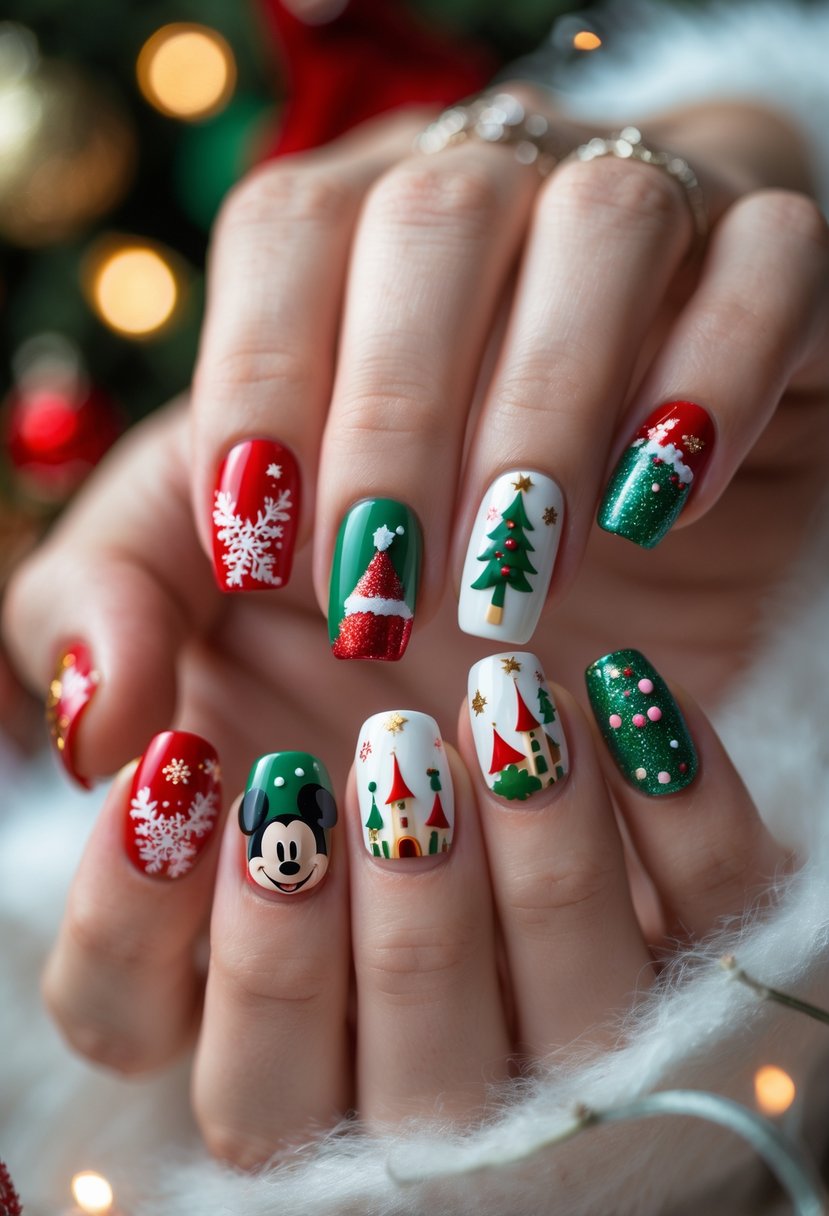 Close-up of hands with Christmas-themed Disney-inspired nail art featuring holiday colors and festive designs.