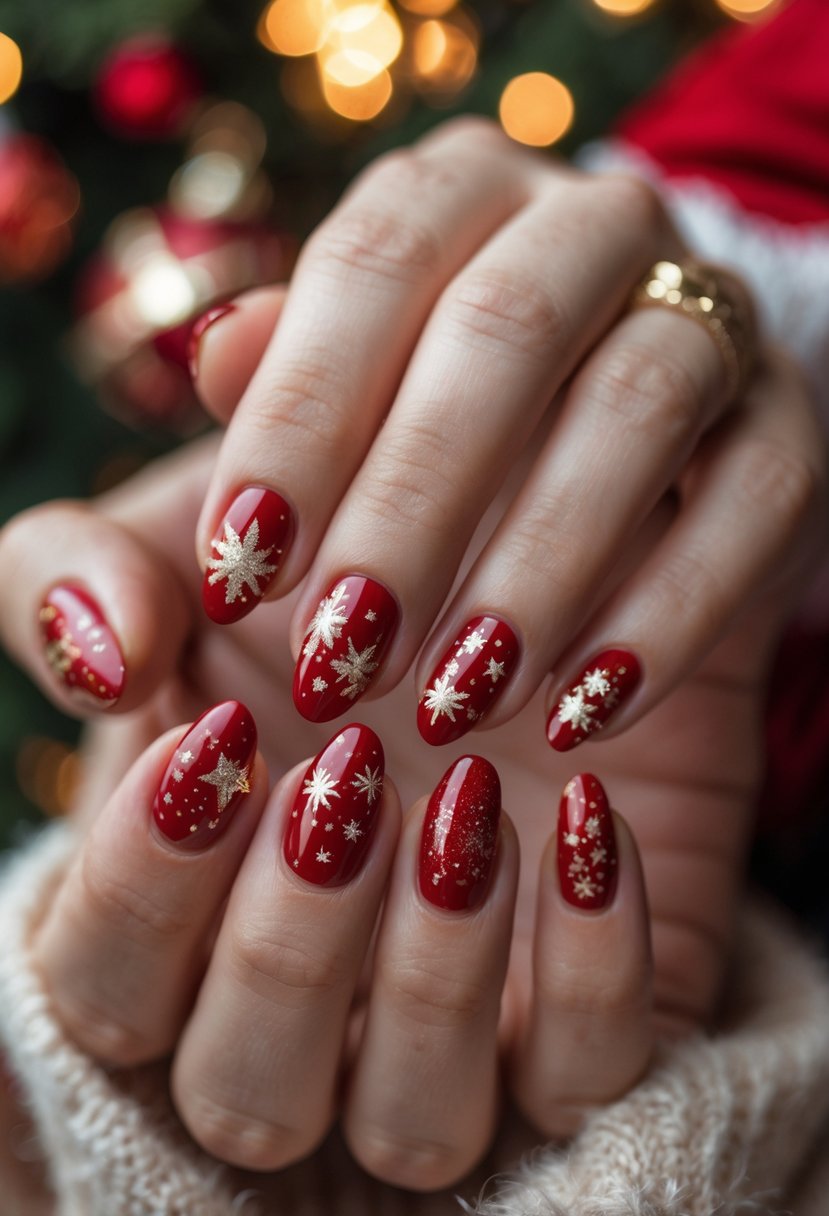 Close-up of hands with red nails decorated with gold glitter accents and festive holiday designs.
