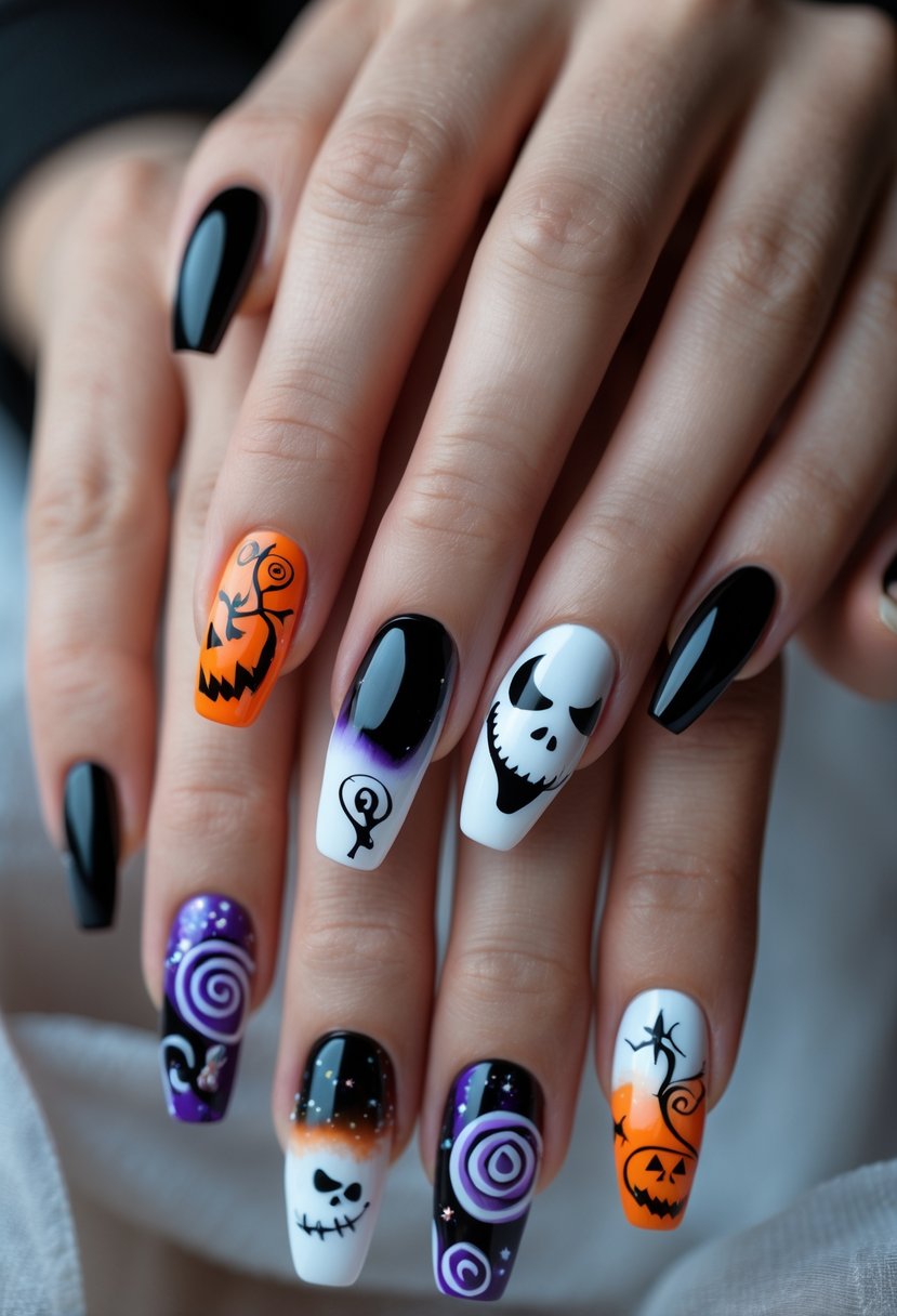 Close-up of hands with 14 nails painted with detailed Nightmare Before Christmas themed designs featuring characters and symbols from the movie.