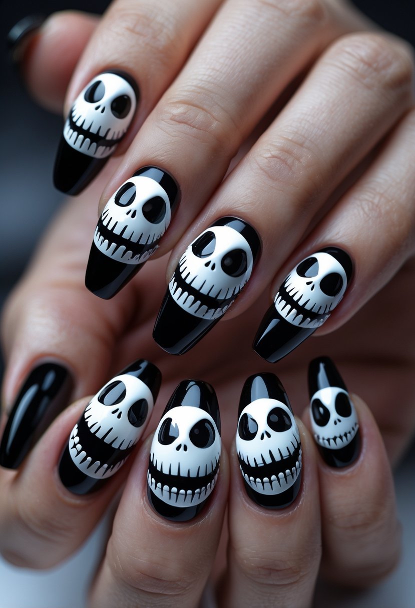 Close-up of a hand with black nails featuring white skeletal grin designs inspired by Jack Skellington.