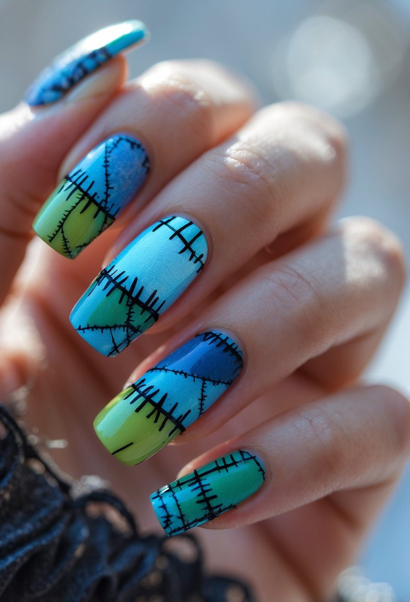 Close-up of a hand with blue and green stitched patchwork nail art inspired by a Halloween theme.