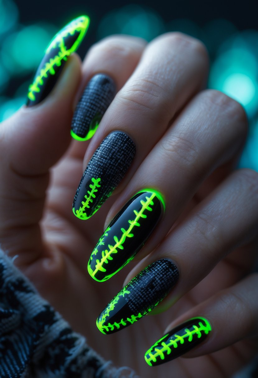 Close-up of a hand with nails painted in glowing neon green designs inspired by Oogie Boogie from The Nightmare Before Christmas.