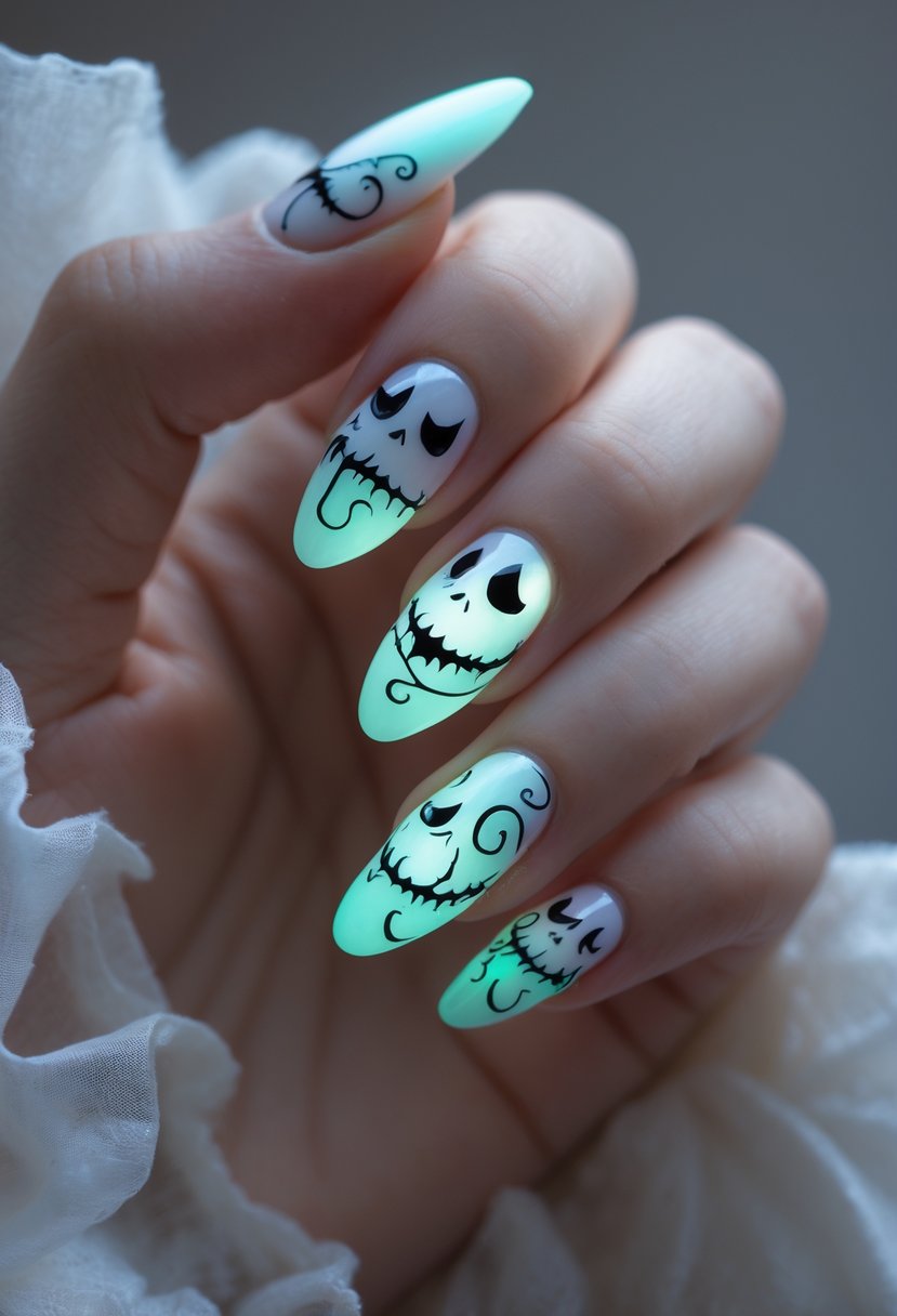 A close-up of a hand with glowing, luminescent nails inspired by a ghostly character from a Halloween-themed story.