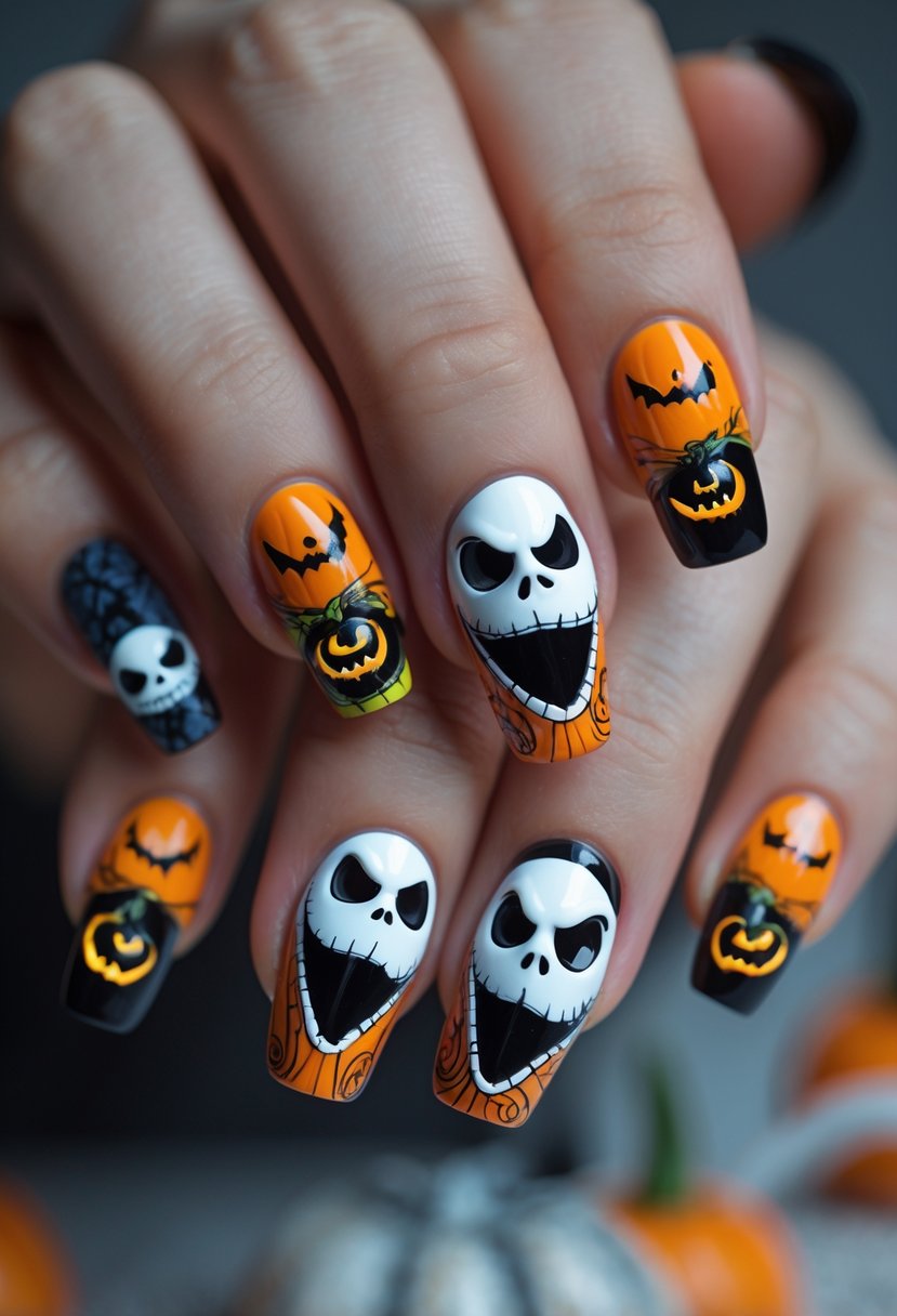 Close-up of a hand showing fourteen fingernails painted with detailed designs of Jack Skellington and pumpkin faces from The Nightmare Before Christmas.