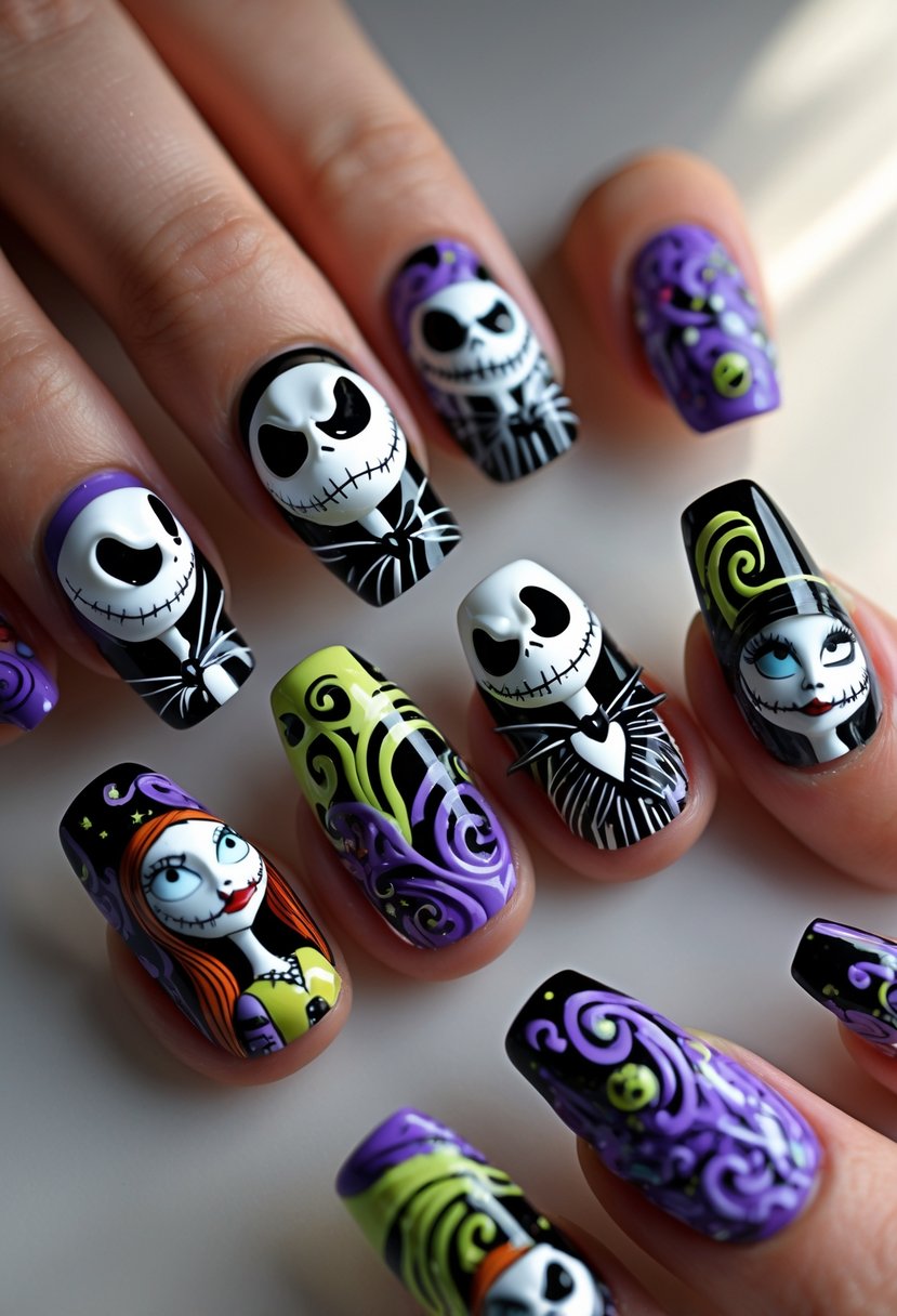 Close-up of fourteen fingernails painted with detailed scenes and characters from The Nightmare Before Christmas.