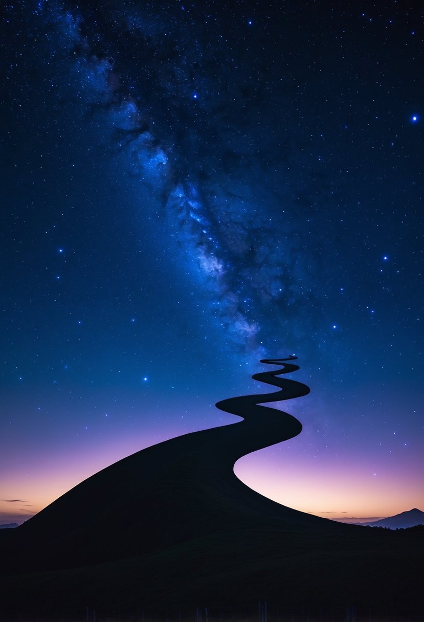 Silhouette of a spiral hill against a starry night sky.