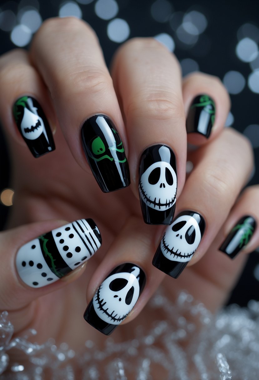 Close-up of a hand with 14 acrylic nails featuring designs inspired by Oogie