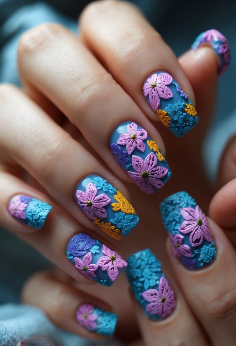 Close-up of hands with colorful floral patchwork patterned nails featuring raised textures and subtle Halloween-themed designs.