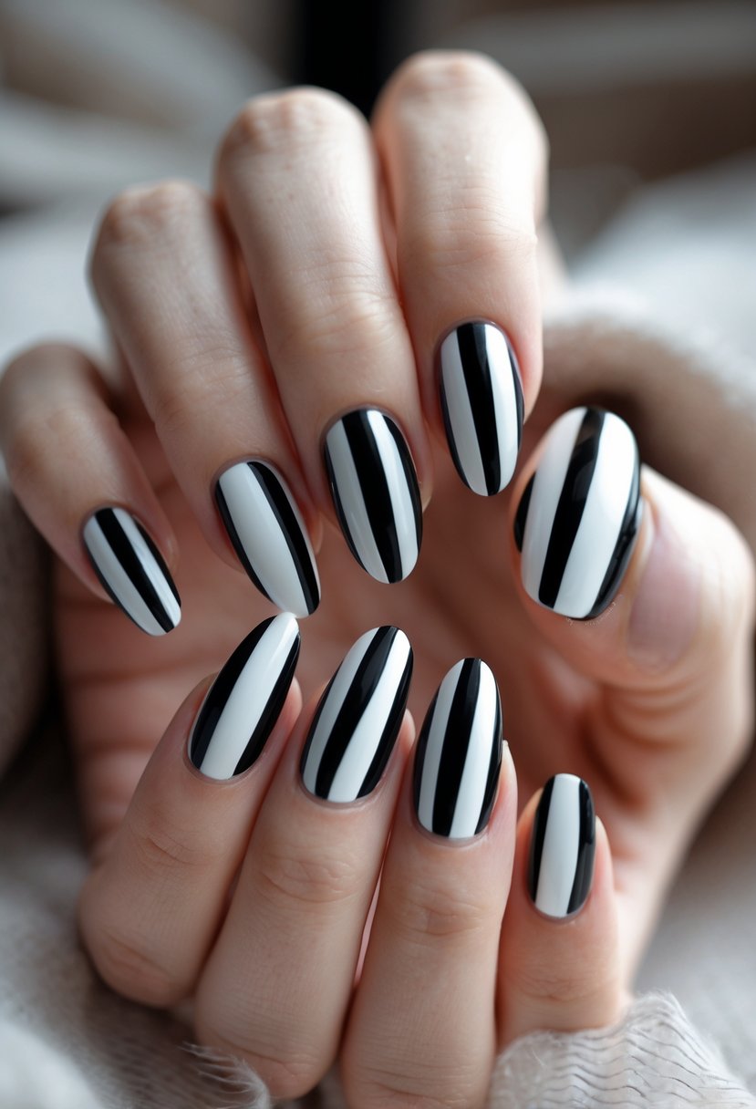 Close-up of hands with black and white striped nails on a blurred neutral background.
