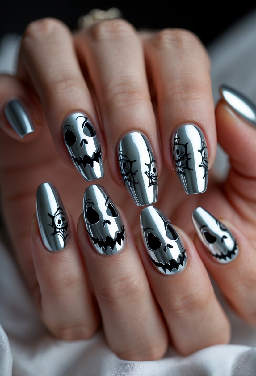 Close-up of a hand with 14 nails decorated with pumpkin and ghost designs in a shiny chrome finish.