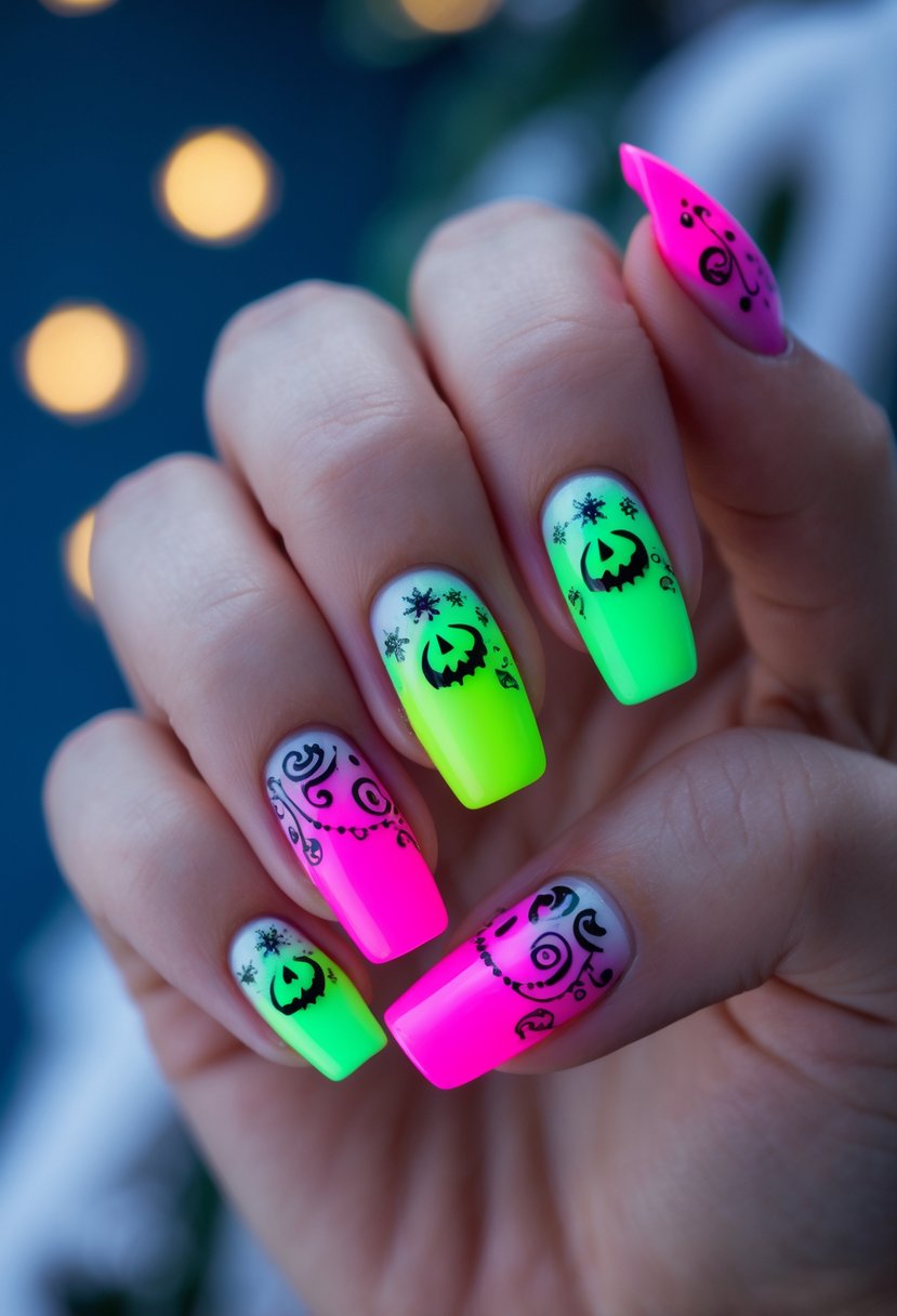 Close-up of a hand showing nails with neon green and pink gradient featuring Halloween and Christmas themed designs.