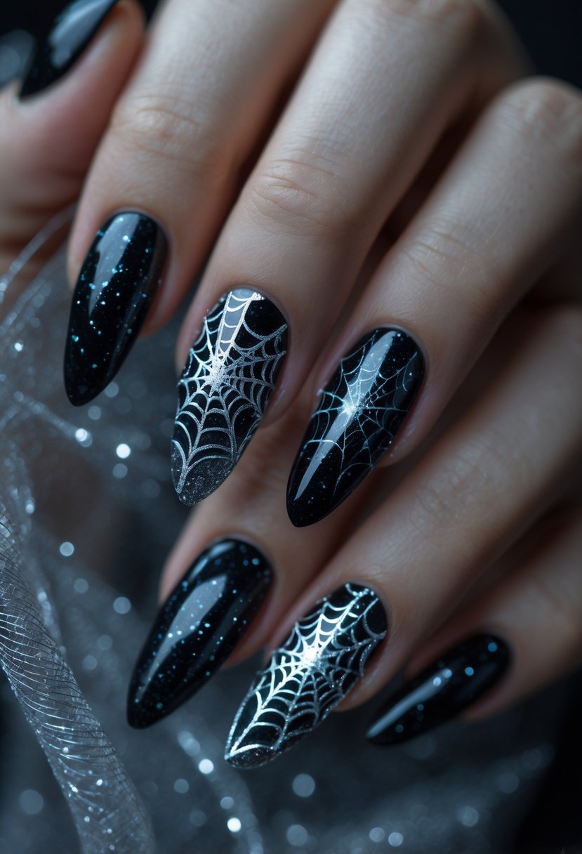Close-up of hands with dark nails decorated with glittery spider web designs.