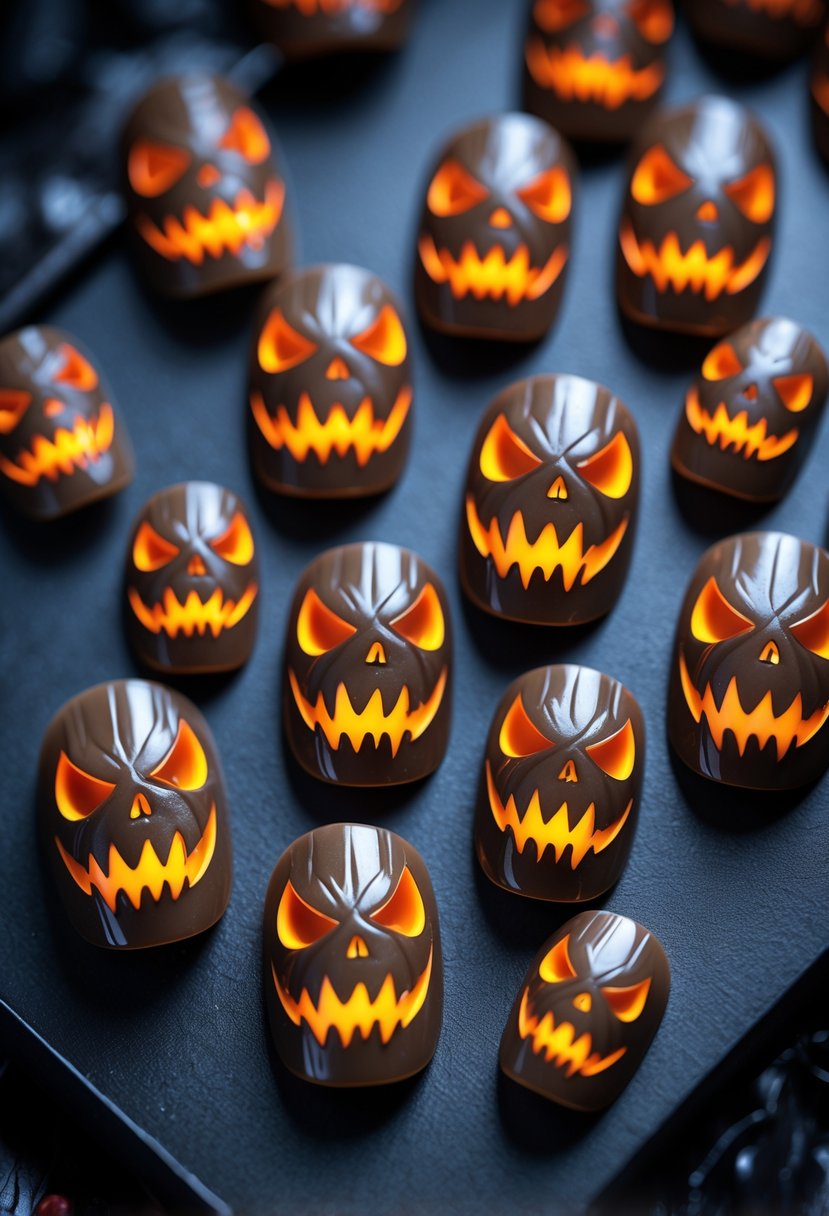 Close-up of fourteen artificial nails decorated with sharp-edged menacing pumpkin faces arranged on a black surface.