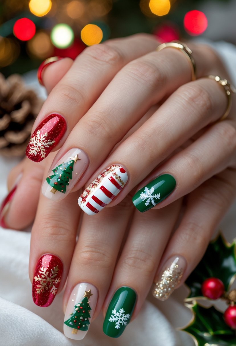 Close-up of hands with 19 Christmas-themed manicured nails featuring festive designs like snowflakes, candy canes, and Christmas trees.