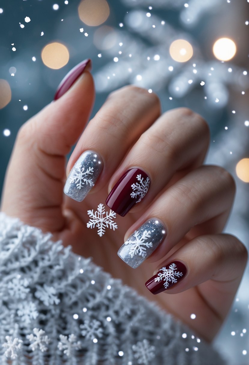 Close-up of a hand with 19 Christmas-themed nails decorated with snowflake designs and festive colors.