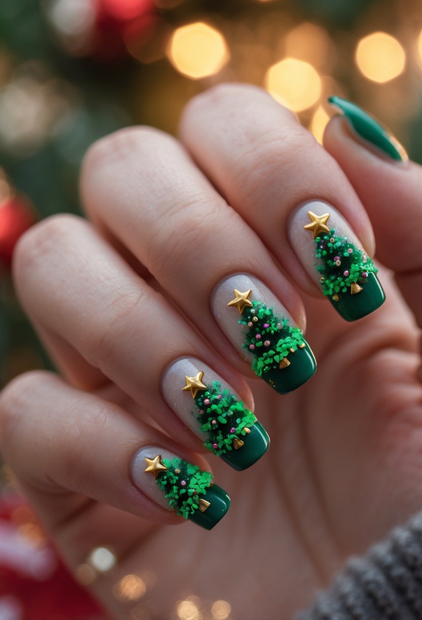 A hand with medium length nails decorated with 3D Christmas tree designs and festive ornaments.