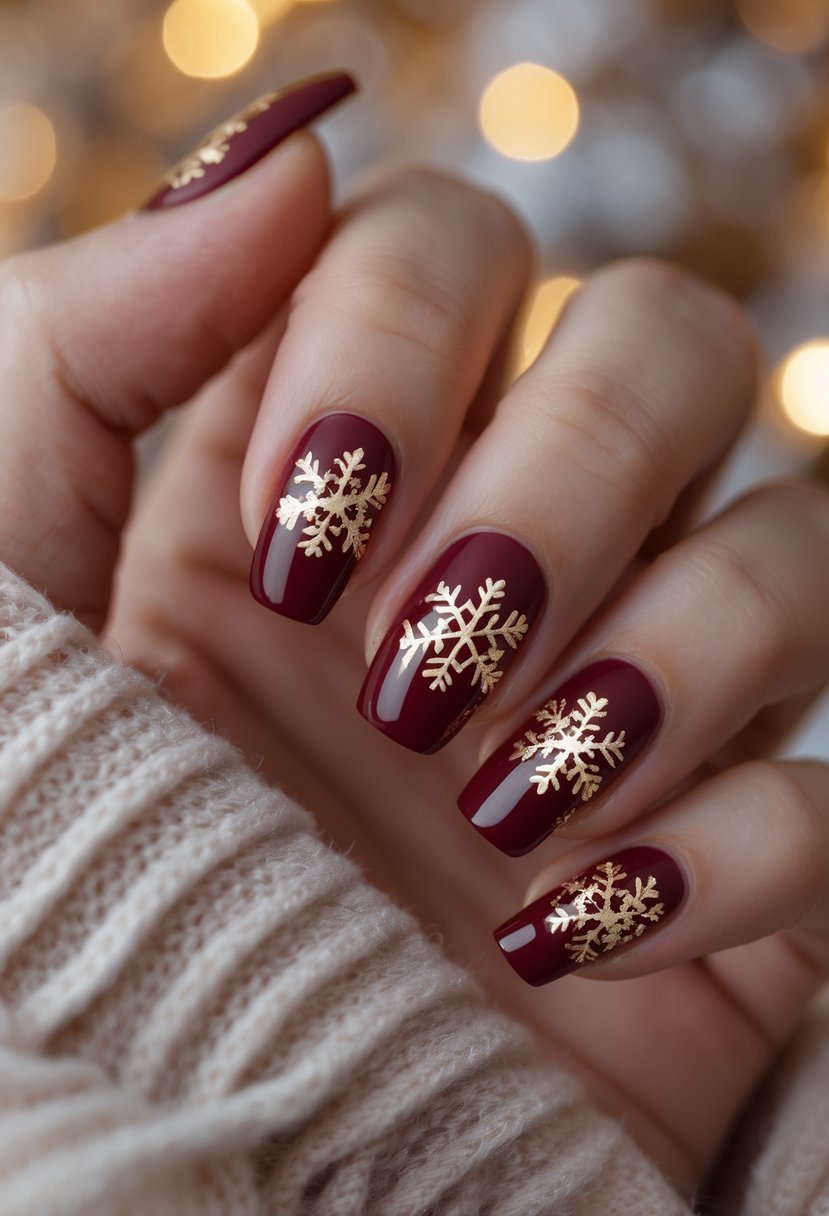 Close-up of a hand with red nails decorated with gold snowflake designs.