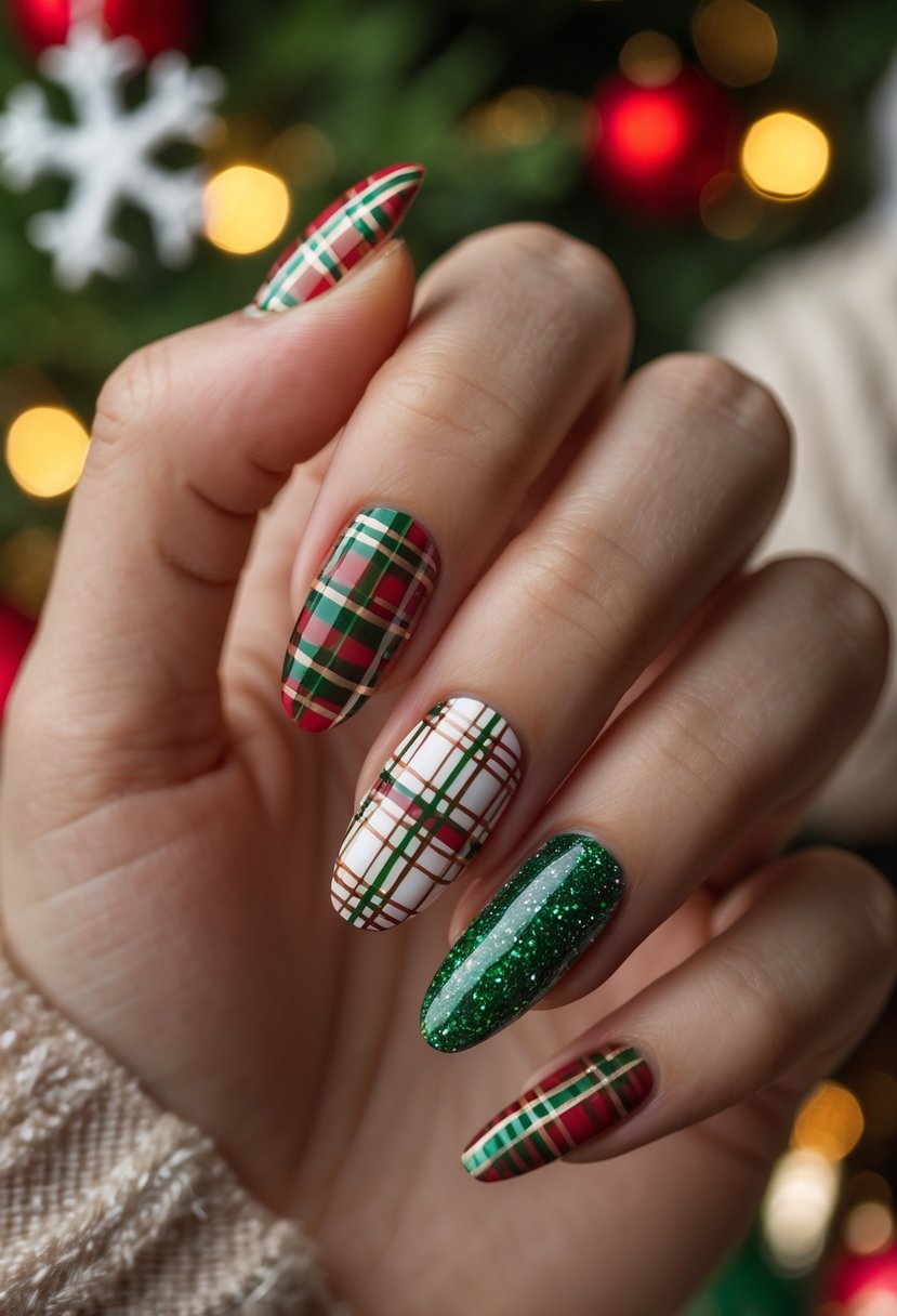 Close-up of a hand with festive Christmas-themed nails featuring plaid and glitter designs.