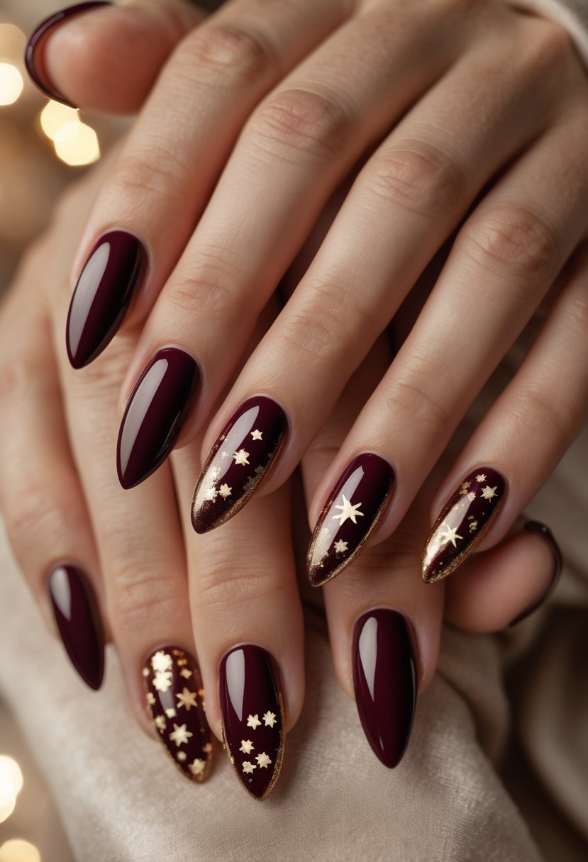 Close-up of two hands with burgundy and gold decorated Christmas-themed nails against a soft background.