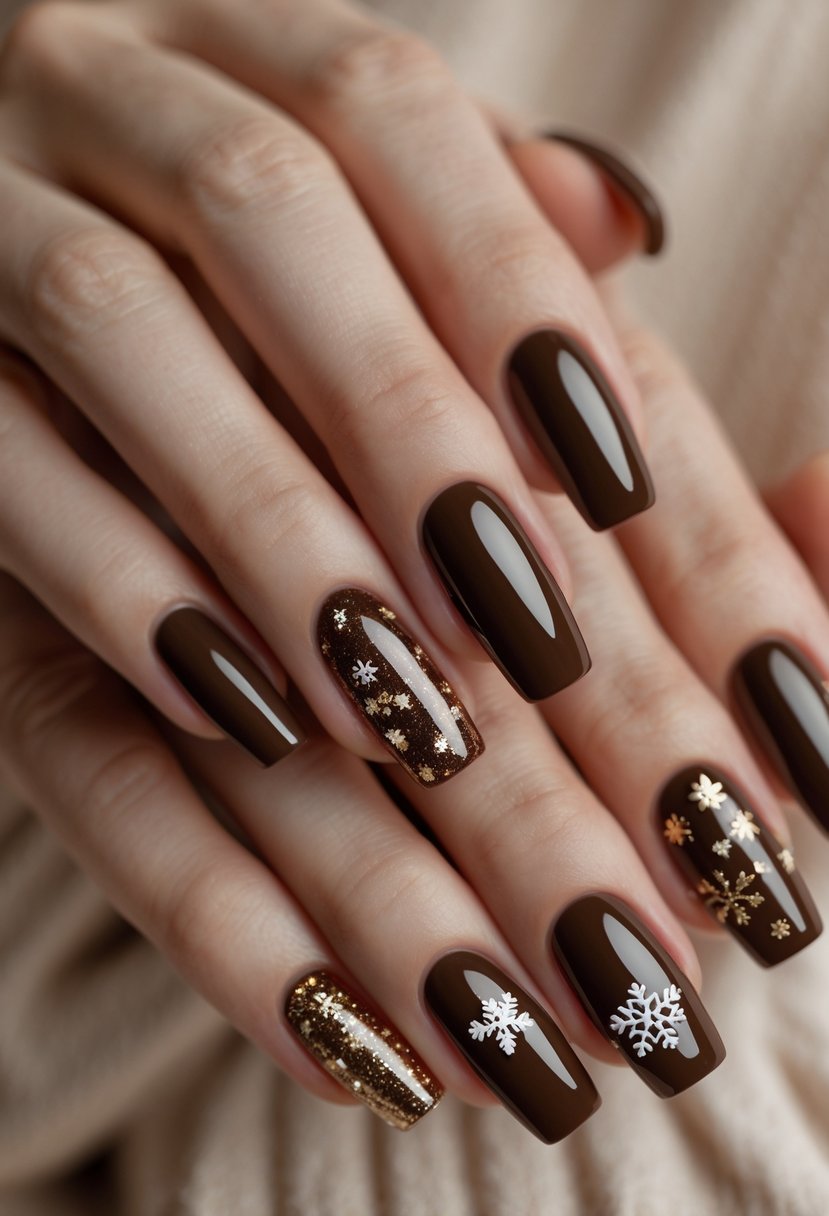 Close-up of hands with glossy brown nails decorated with Christmas-themed designs.