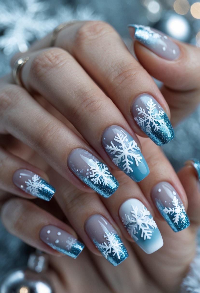 Close-up of hands showing 21 nails decorated with blue and white snowflake designs.