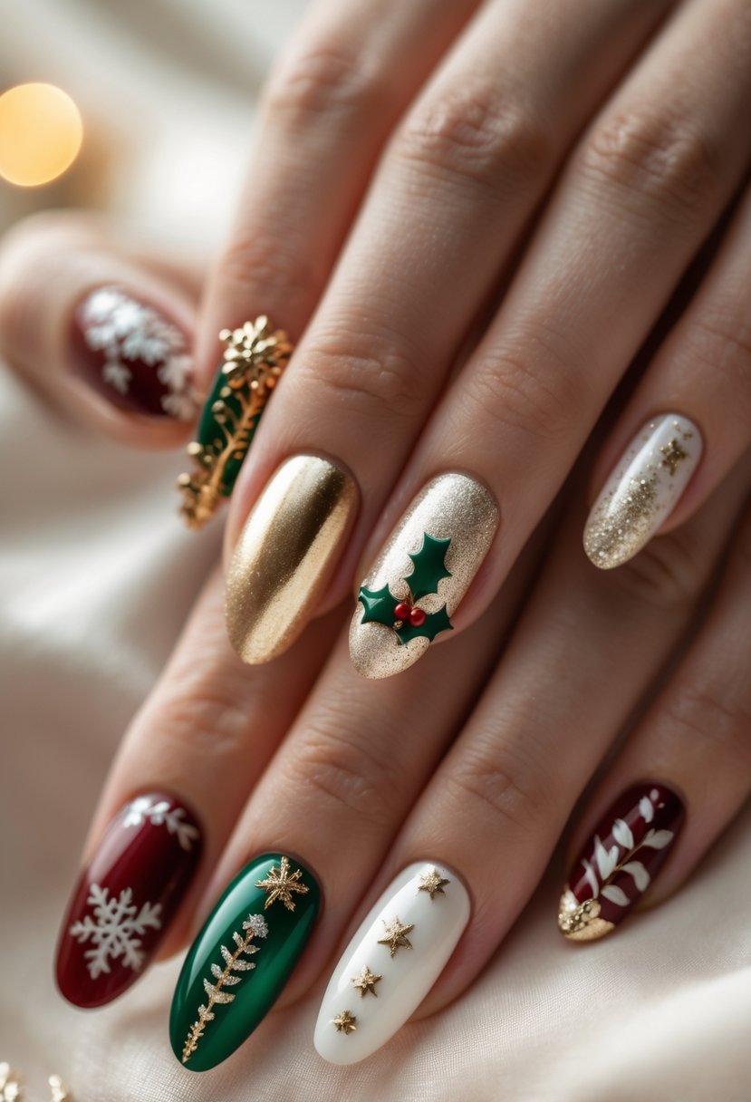 Close-up of hands with 21 Christmas-themed nails featuring subtle metallic accents in gold and silver on red, green, and white backgrounds.