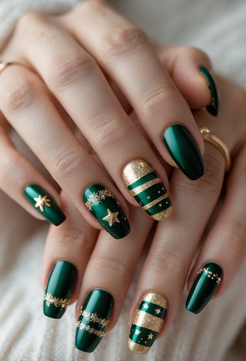Close-up of hands with deep green and gold Christmas-themed nails.